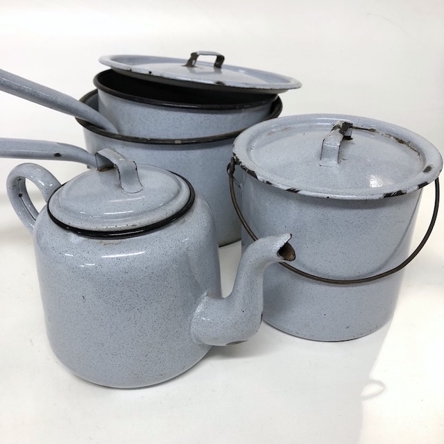 POTS n PANS and Teapot, Vintage Pale Blue Enamel